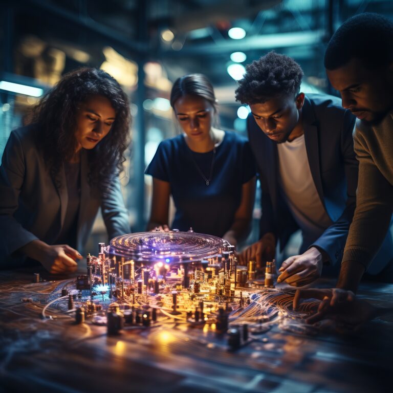 Diverse group of engineers working together on a futuristic technology project.